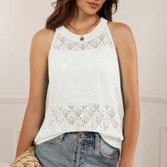 White Crochet Tank Top Sleeveless Hollow Knit Sweater Vest Boho Spring Shirt - Picture 3 of 5